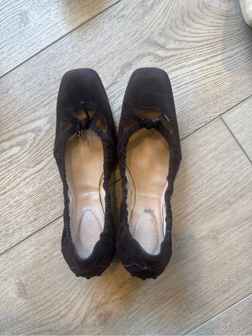 Tod's Black Suede Square-Toe Ballet Flats with Cutout Bow